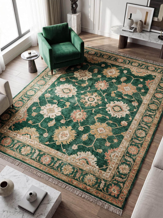 Hand knotted green floral rug carpet in Oushak Persian style placed in modern living room with neutral furniture and wood flooring __etsy:7910139596
