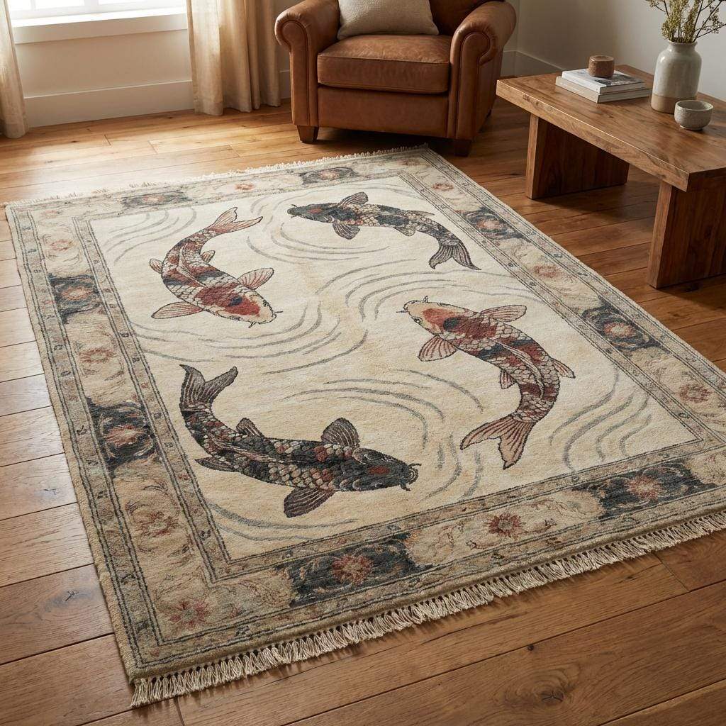 Hand Knotted Koi Fish Wool Rug Artistic Asian Style Area Carpet