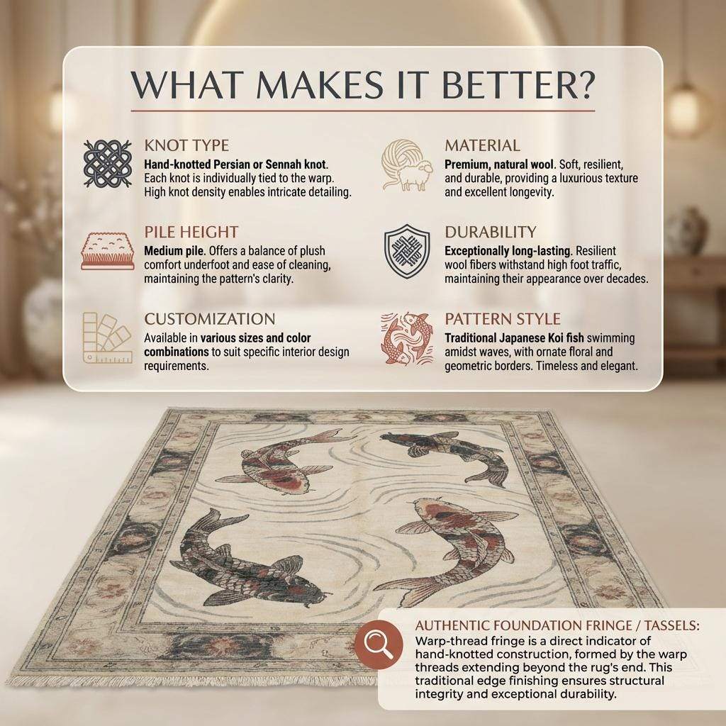 Hand Knotted Koi Fish Wool Rug Artistic Asian Style Area Carpet