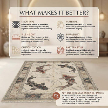 Hand Knotted Koi Fish Wool Rug Artistic Asian Style Area Carpet