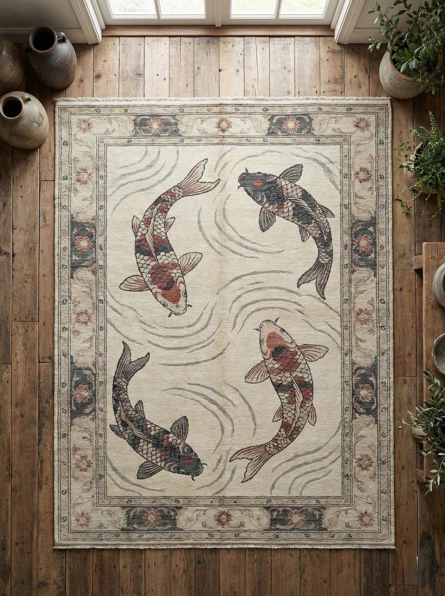 Hand knotted koi fish wool rug with artistic Asian design and rich texture