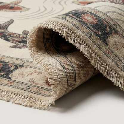 Close up of hand knotted wool rug showing individual knots and natural fiber texture