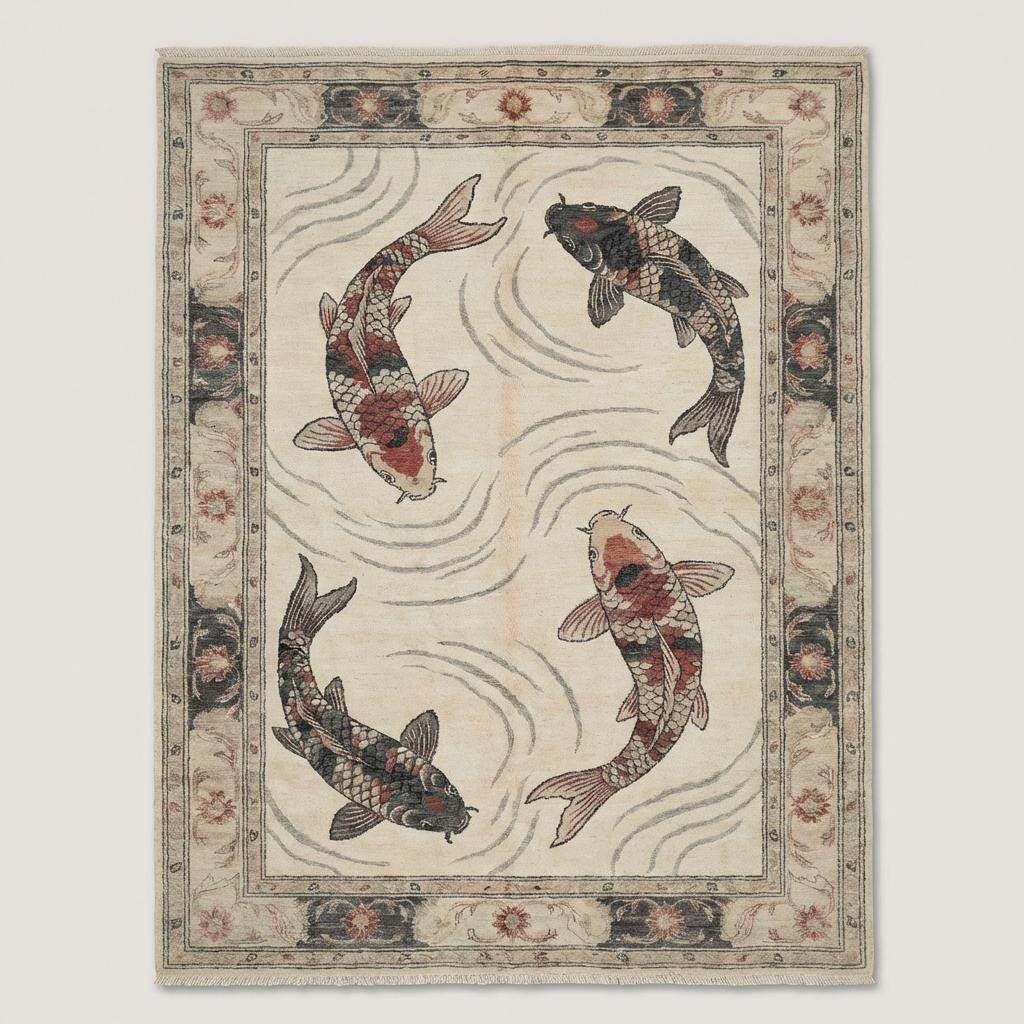 Artisan made koi fish rug featuring flowing Asian inspired pictorial pattern