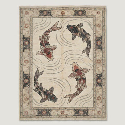 Artisan made koi fish rug featuring flowing Asian inspired pictorial pattern