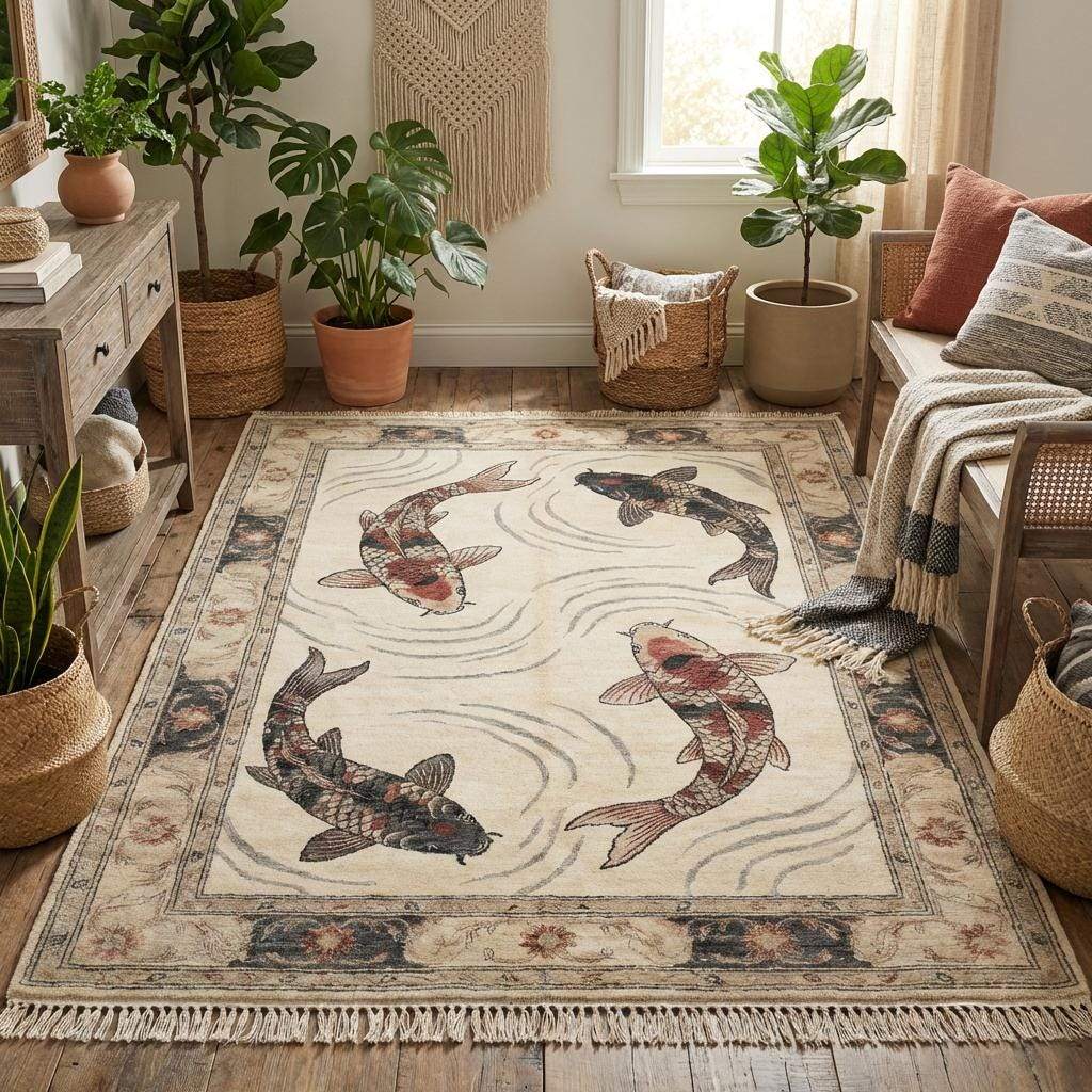 Hand knotted Asian style rug styled in living room with wooden flooring