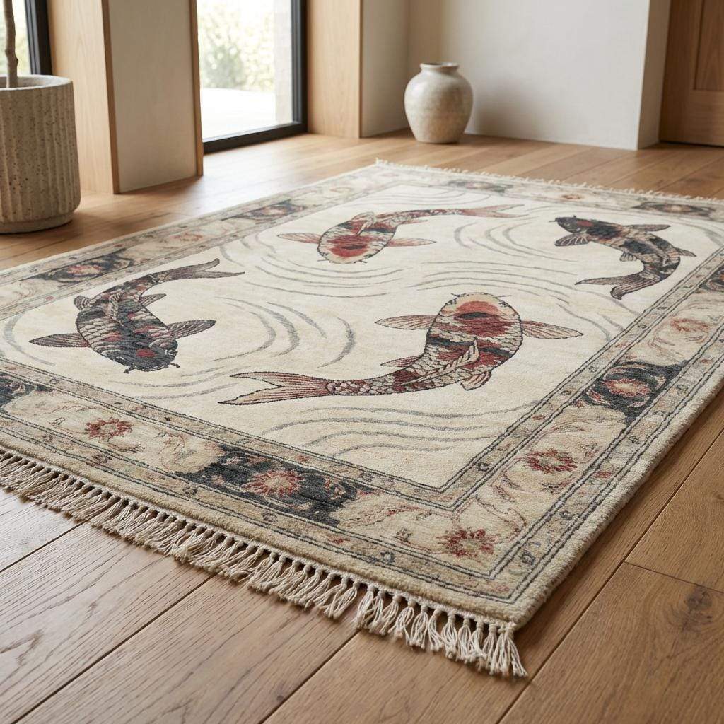 Detailed koi fish motif woven in wool using traditional hand knotted technique