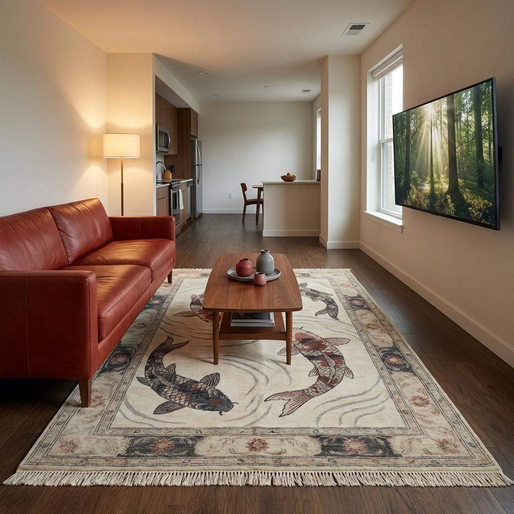 Rectangular hand knotted wool rug with symbolic koi fish artwork