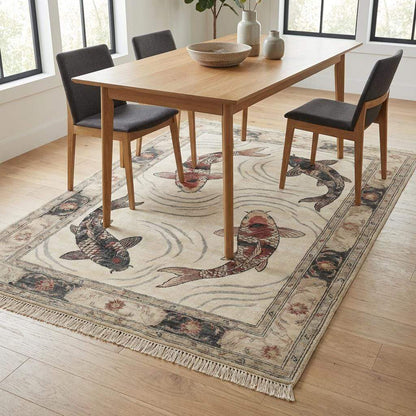Hand Knotted Koi Fish Wool Rug Artistic Asian Style Area Carpet