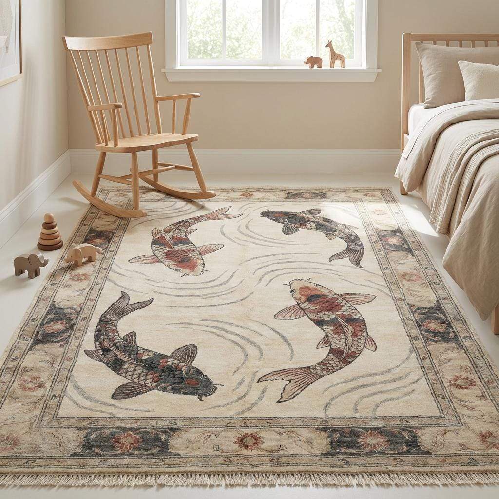 Hand Knotted Koi Fish Wool Rug Artistic Asian Style Area Carpet