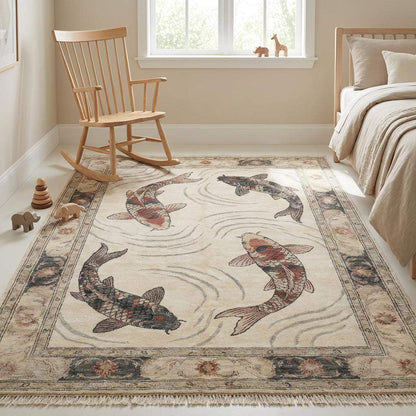 Hand Knotted Koi Fish Wool Rug Artistic Asian Style Area Carpet