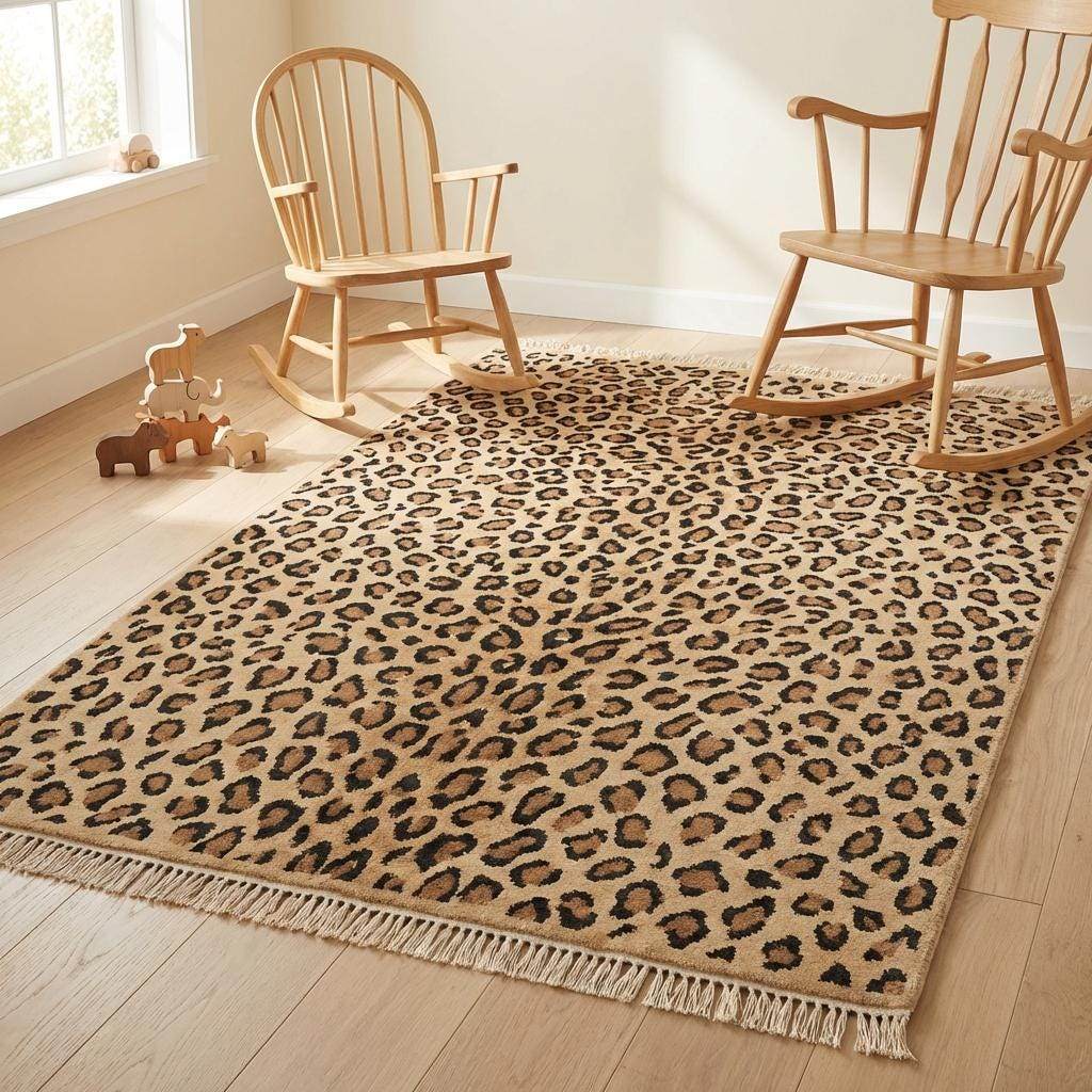 Artisan hand knotted wool area rug featuring bold animal print design