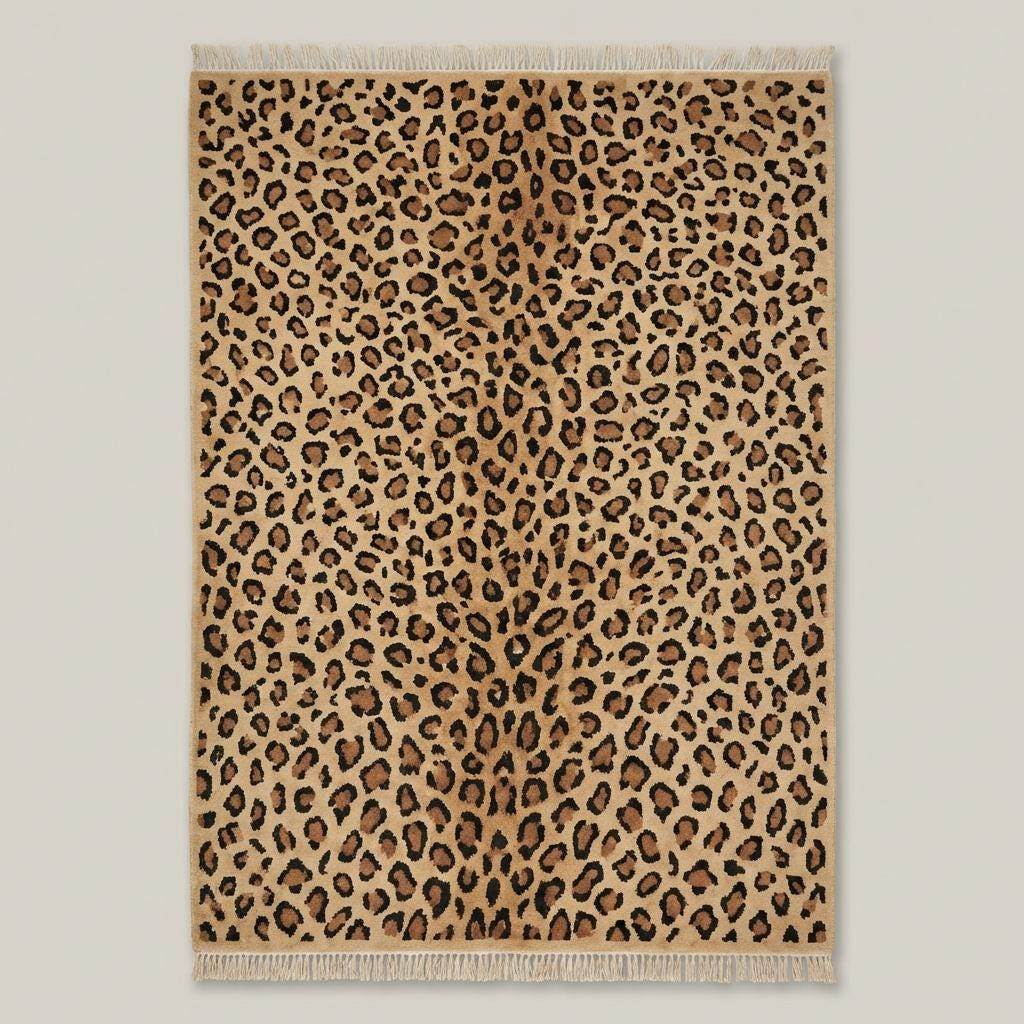 Modern leopard print hand knotted rug with beige, brown, and black tones