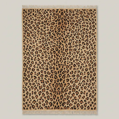 Modern leopard print hand knotted rug with beige, brown, and black tones