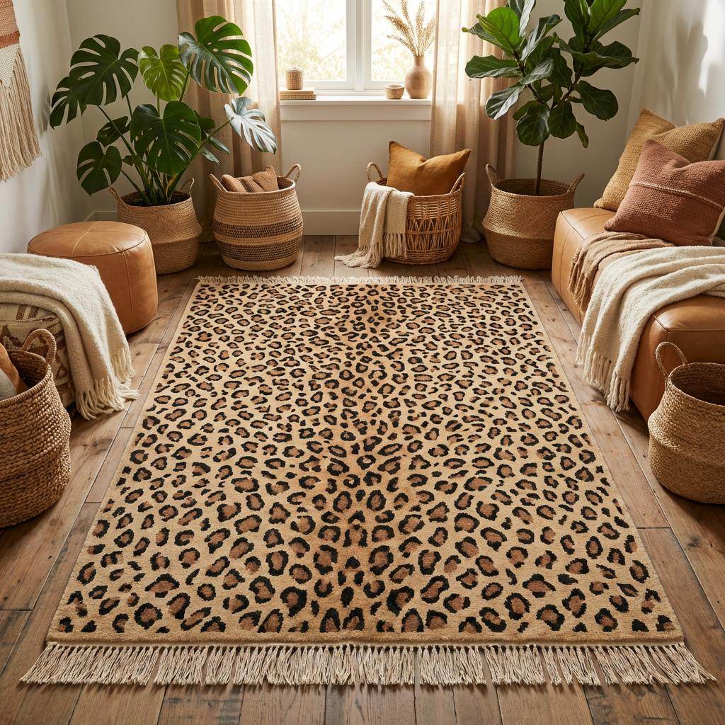 Rectangular wool animal print rug with hand knotted construction and fringe edges