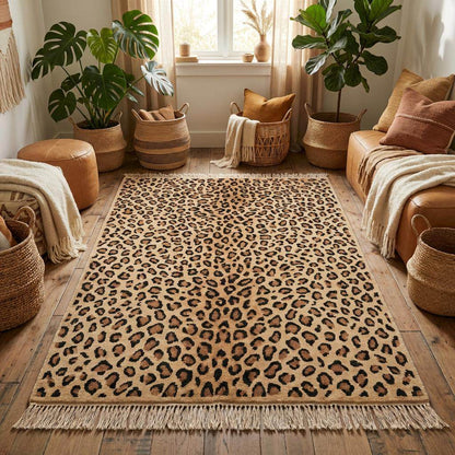 Rectangular wool animal print rug with hand knotted construction and fringe edges