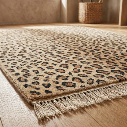 Luxury handmade leopard wool rug used as a statement piece in neutral interior decor