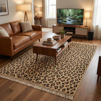 Hand Knotted Leopard Print Wool Area Rug for Living Room Decor