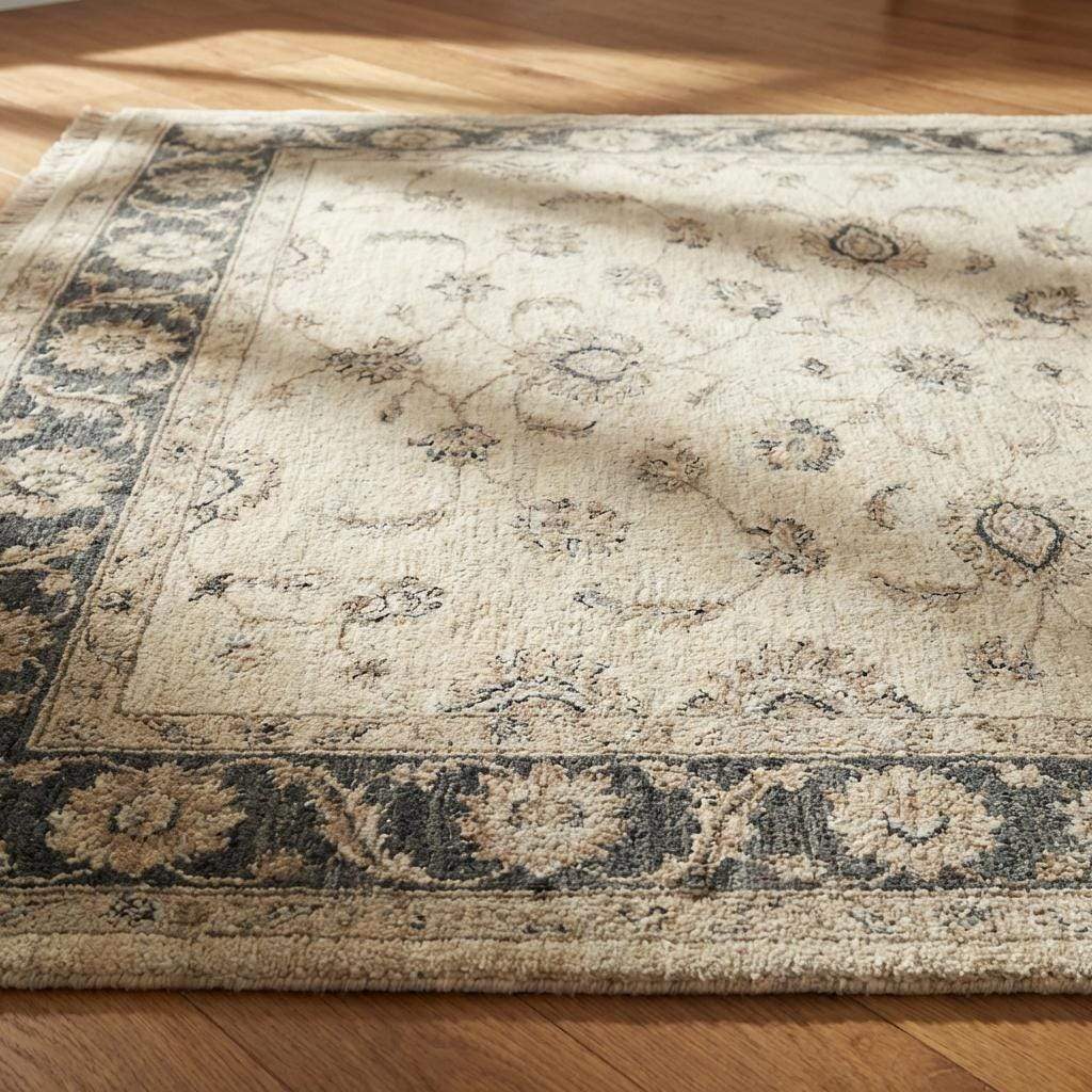 Hand Knotted Oushak Area Rug, Ivory Floral Wool Living Room Carpet