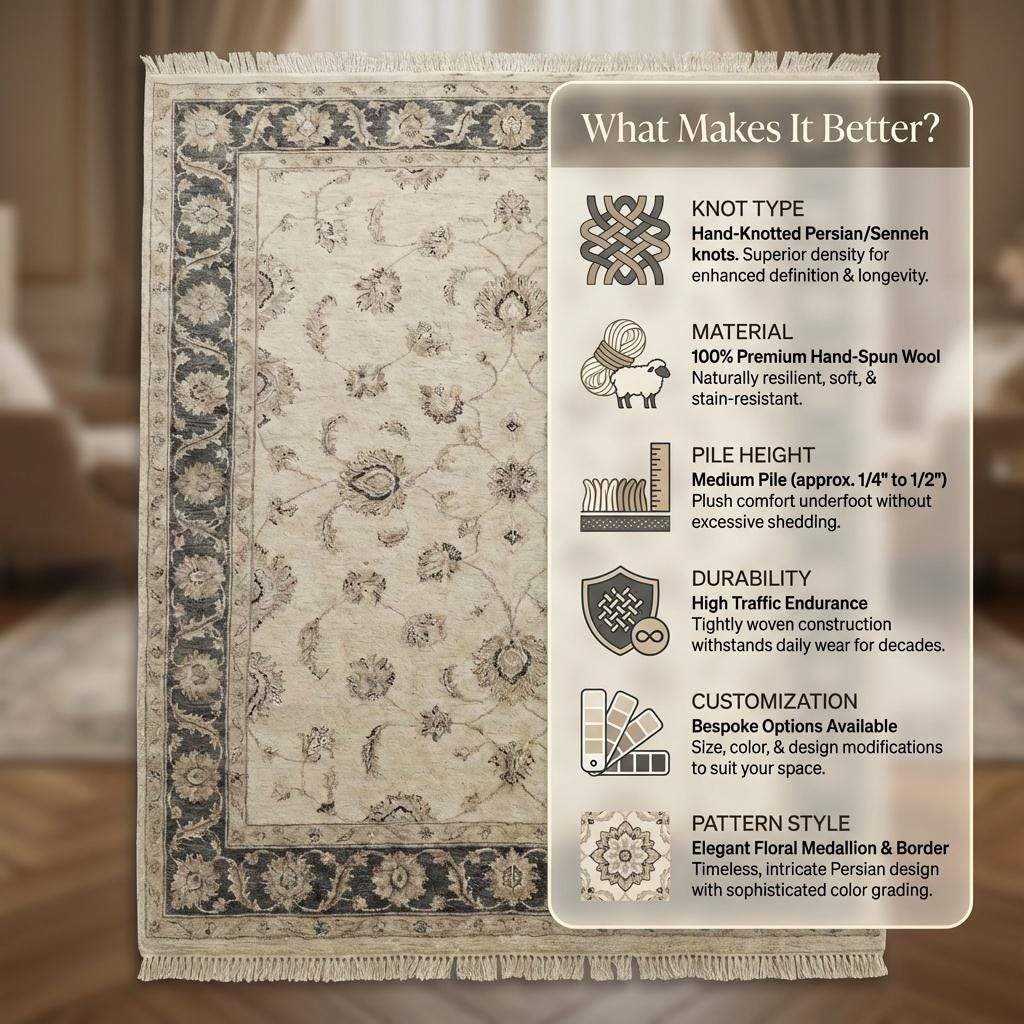 Hand Knotted Oushak Area Rug, Ivory Floral Wool Living Room Carpet