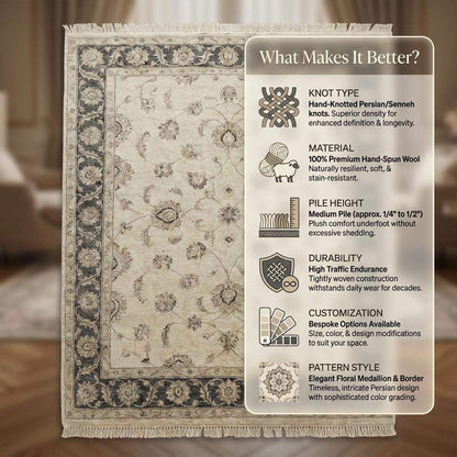 Hand Knotted Oushak Area Rug, Ivory Floral Wool Living Room Carpet