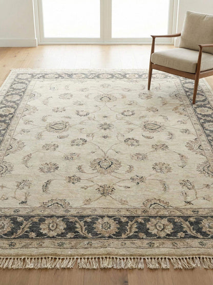 Hand knotted Oushak ivory floral wool area rug with traditional craftsmanship for living room decor