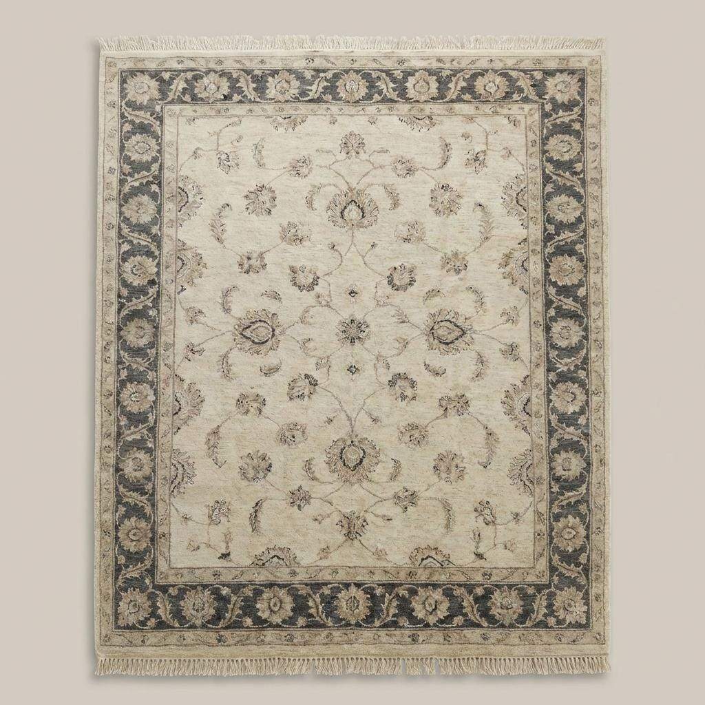 Traditional floral hand knotted rug with neutral beige and muted blue accents