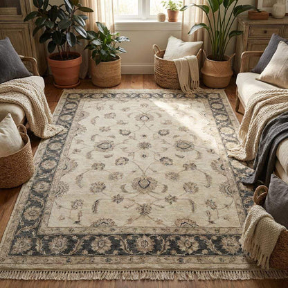 Ivory wool hand knotted area rug with detailed border and artisan craftsmanship