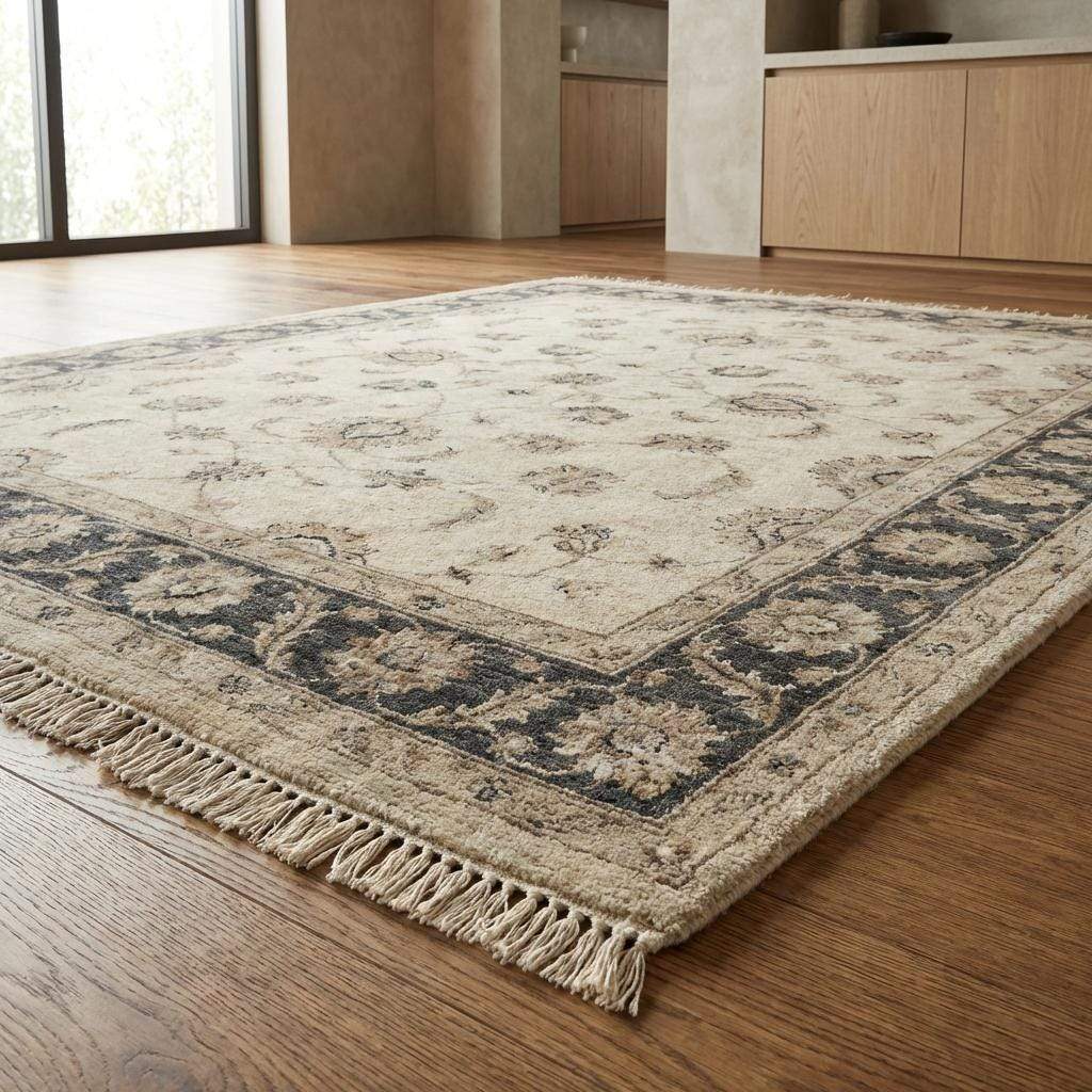 Elegant Oushak inspired hand knotted rug styled in bright modern interior