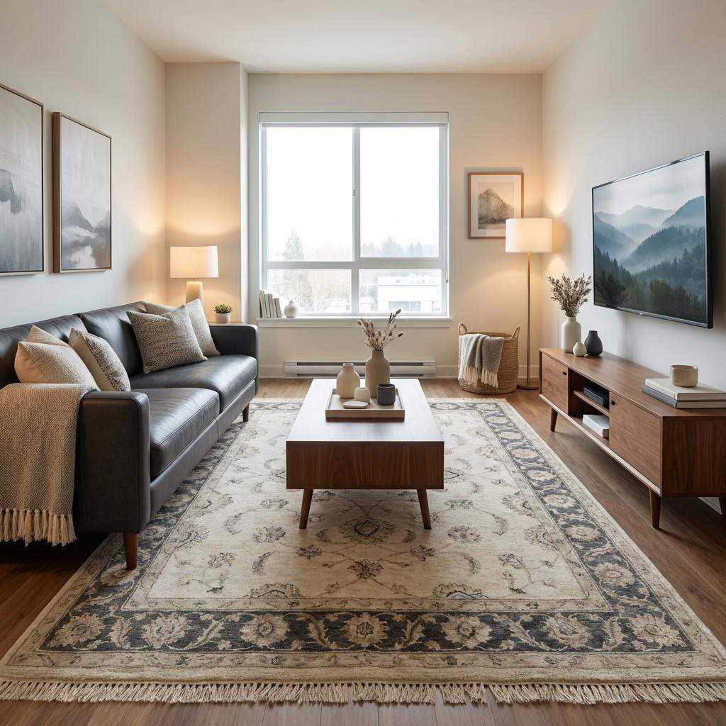 Premium handmade wool rug with classic Persian floral design and fringe edges