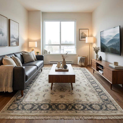 Premium handmade wool rug with classic Persian floral design and fringe edges
