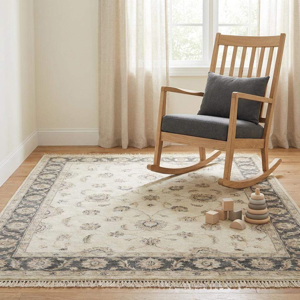 Hand Knotted Oushak Area Rug, Ivory Floral Wool Living Room Carpet