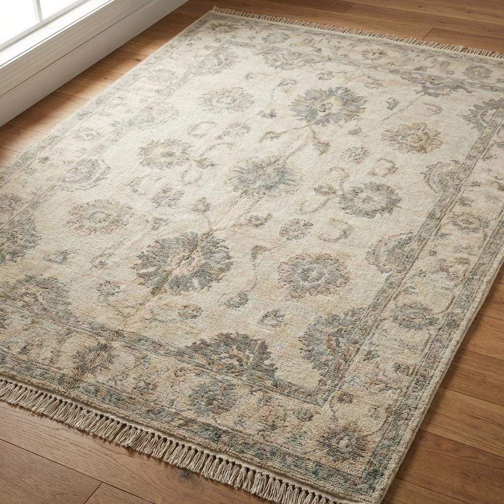 Hand Knotted Oushak Area Rug, Neutral Floral Wool Living Room Rug