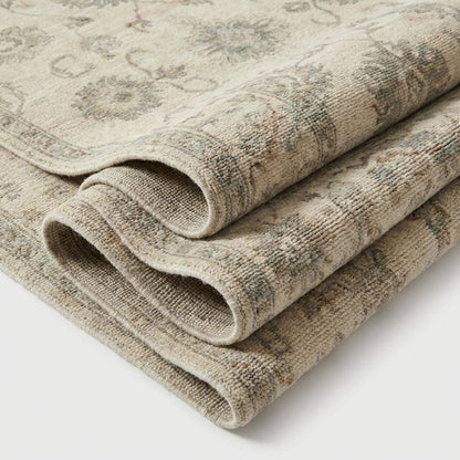 Hand Knotted Oushak Area Rug, Neutral Floral Wool Living Room Rug