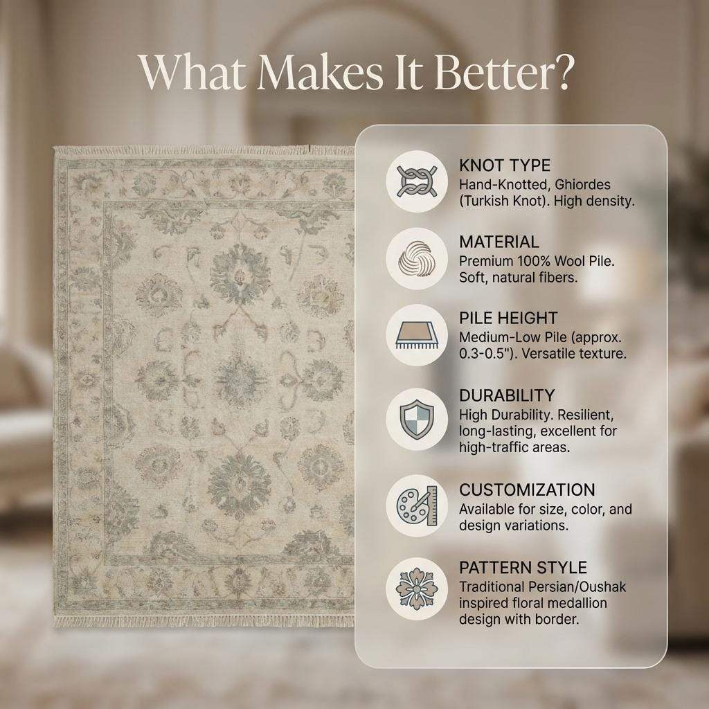 Hand Knotted Oushak Area Rug, Neutral Floral Wool Living Room Rug