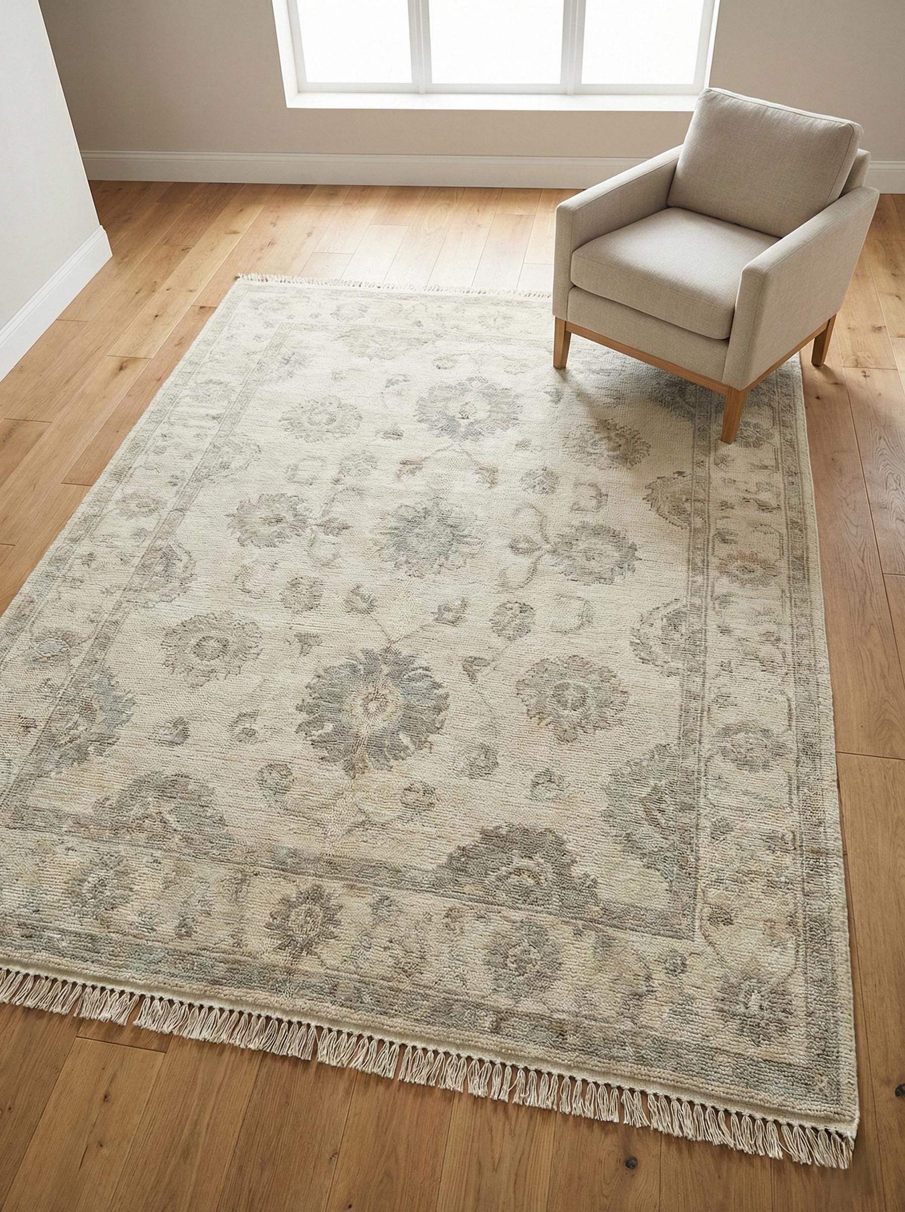 Hand knotted Oushak area rug with neutral floral wool design for living room