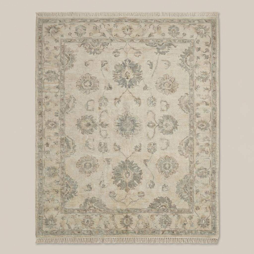 Neutral wool Oushak rug styled in living room with wooden floor and accent chair