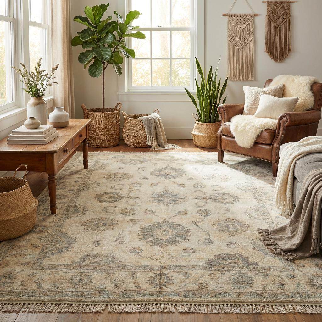 Traditional hand knotted floral rug with muted gray and beige border details