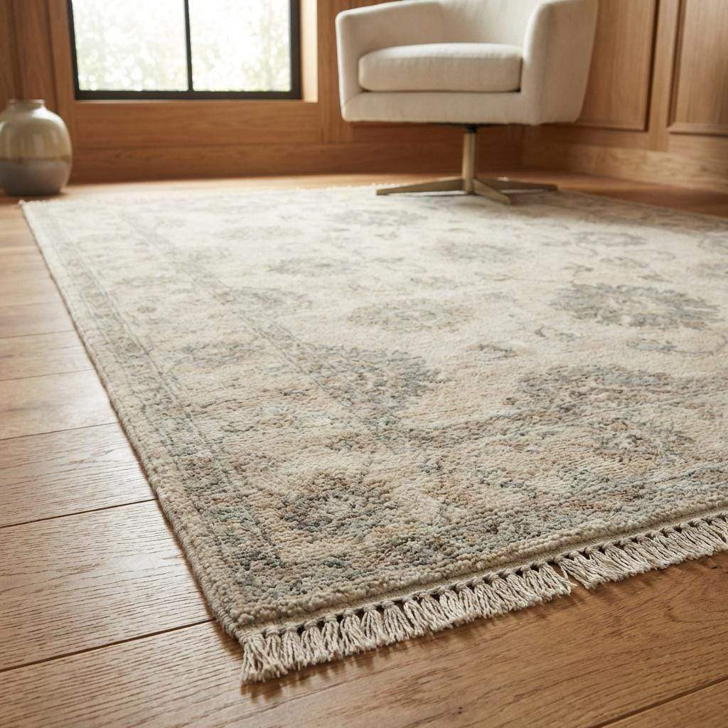 Ivory and taupe wool area rug featuring classic Oushak inspired design