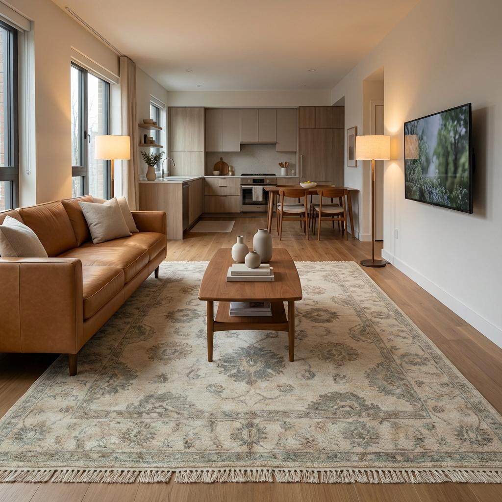 Artisan hand knotted wool rug with soft abrash and timeless oriental pattern