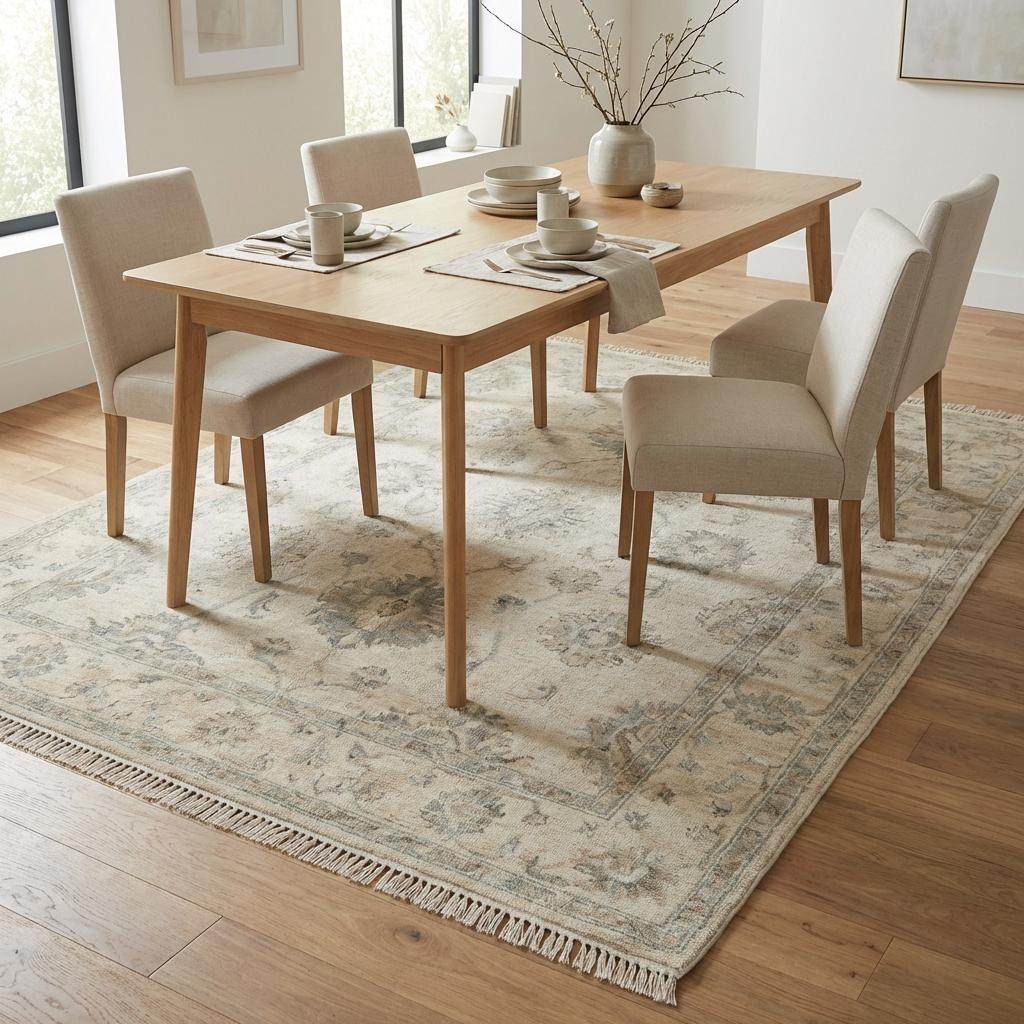 Hand Knotted Oushak Area Rug, Neutral Floral Wool Living Room Rug