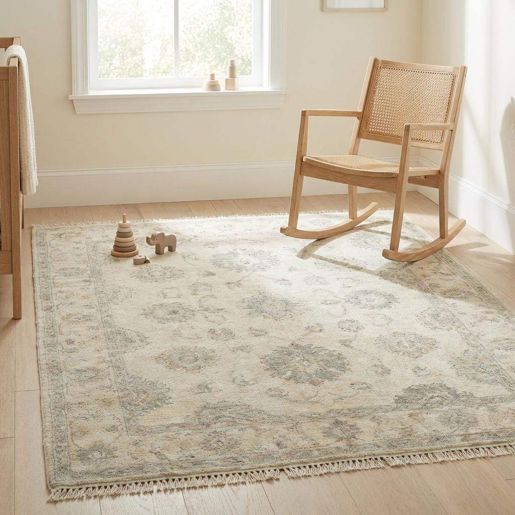 Hand Knotted Oushak Area Rug, Neutral Floral Wool Living Room Rug
