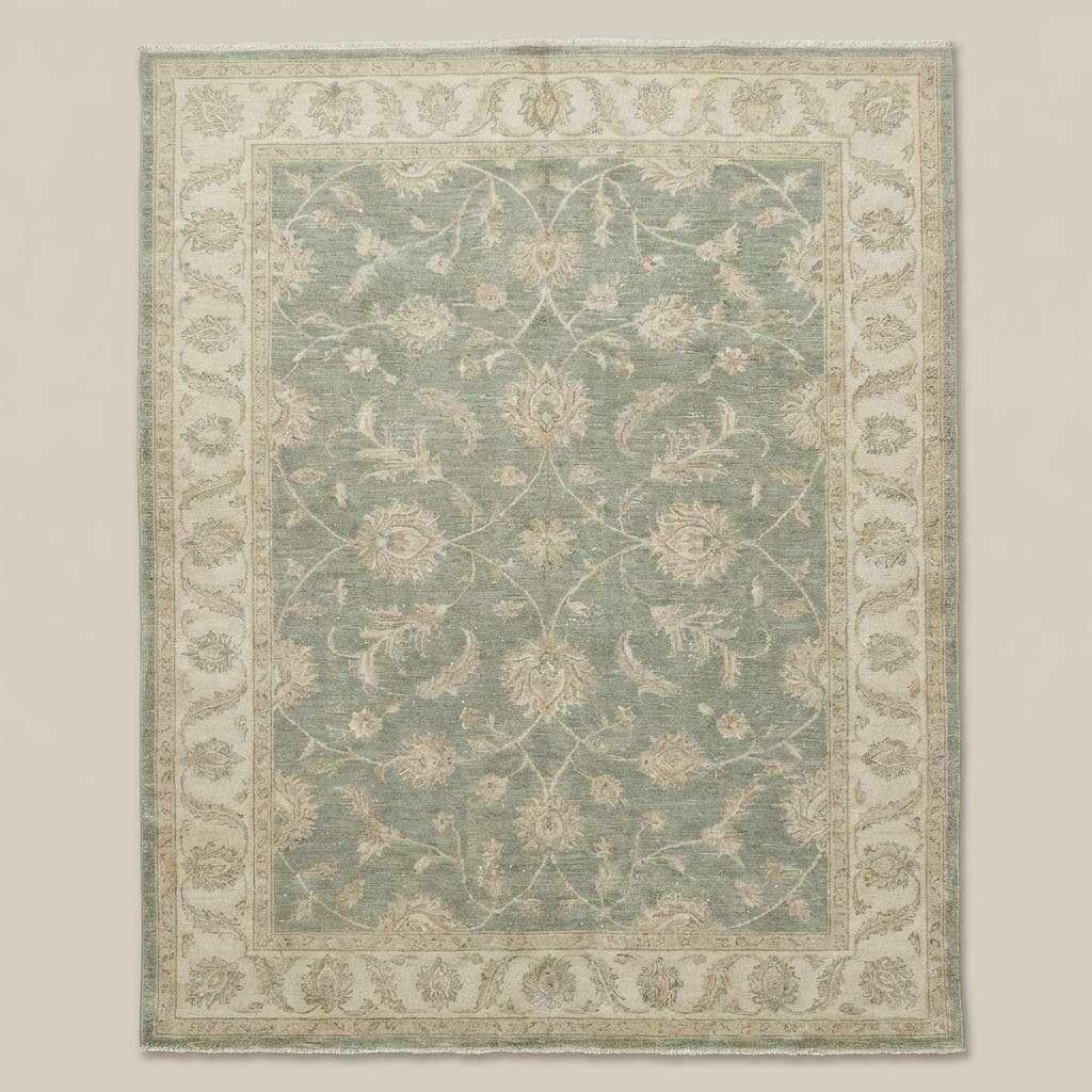Traditional Oushak style rug with soft green field and ivory floral detailing