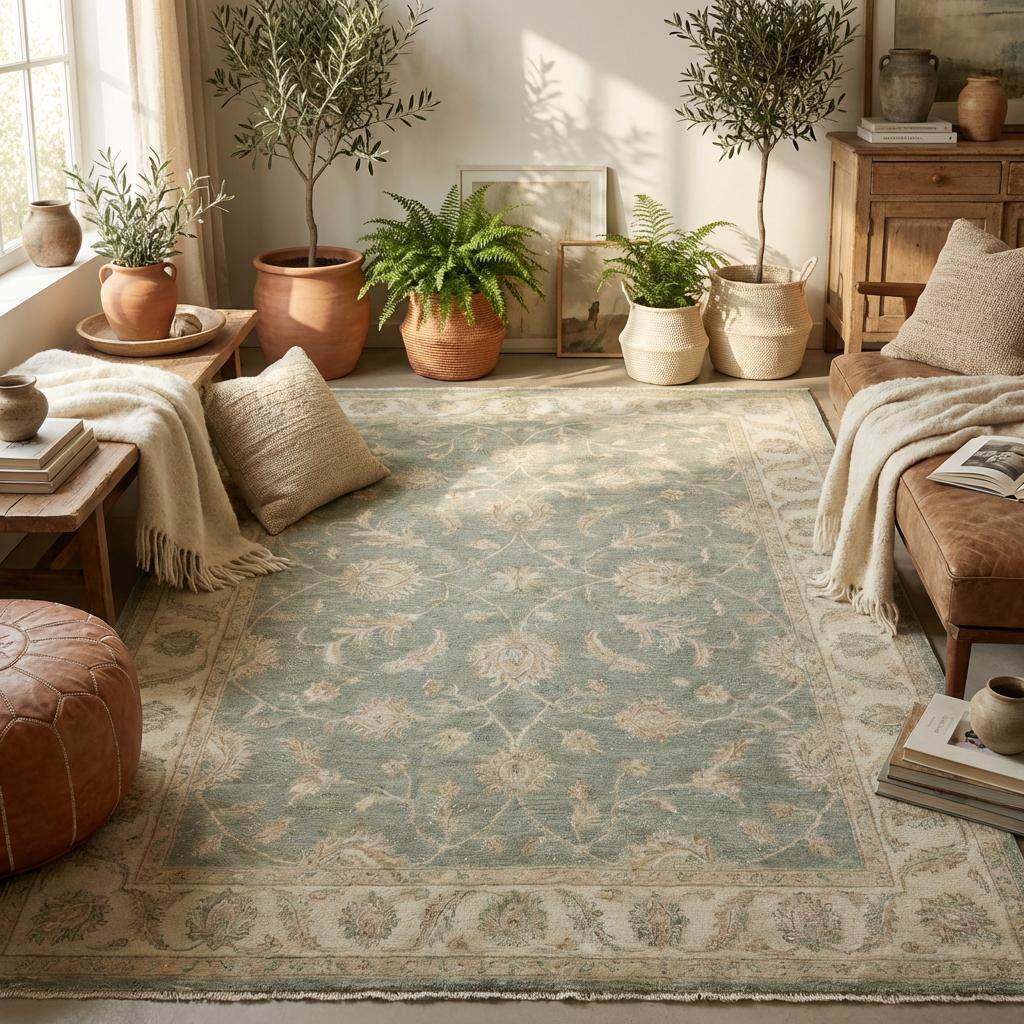 Handmade wool area rug styled on light wood floor for living room décor