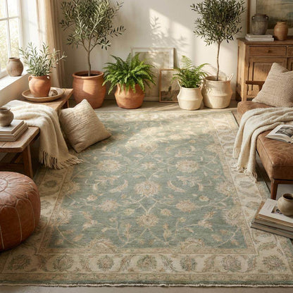 Handmade wool area rug styled on light wood floor for living room décor