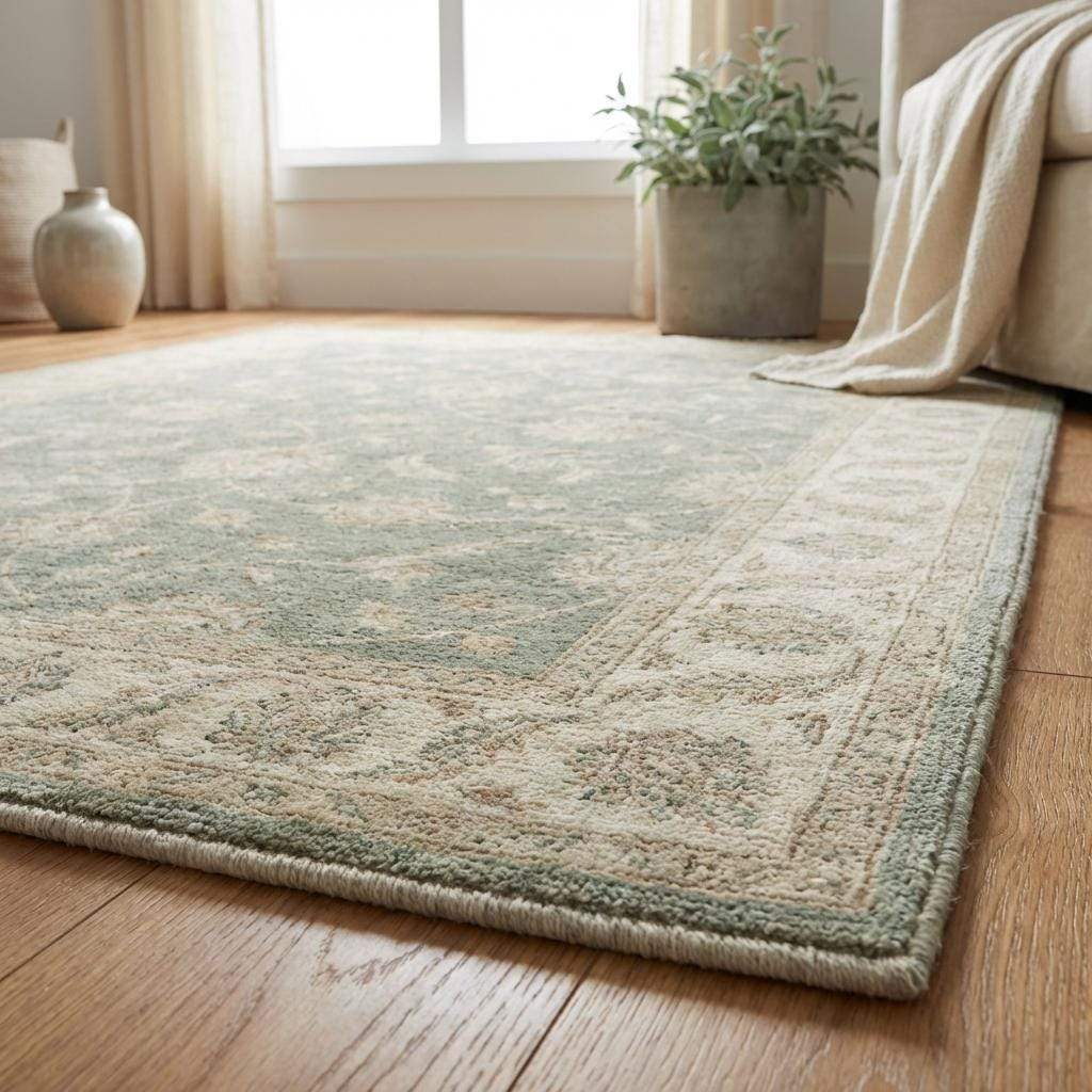 Hand Knotted Oushak Area Rug Sage Green Floral Wool Carpet