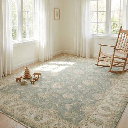 Elegant sage green wool carpet suitable for transitional and modern interiors
