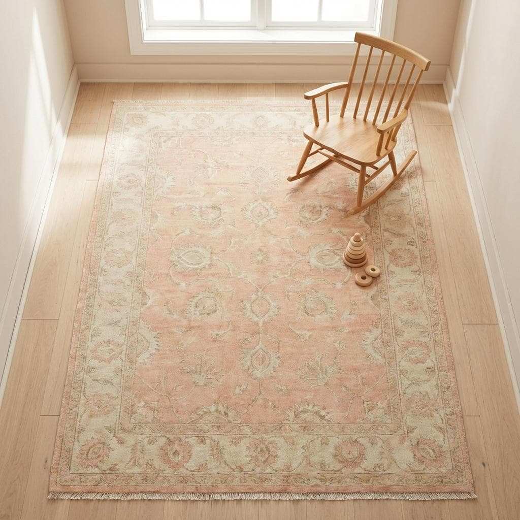 Hand Knotted Oushak Floral Rug Blush Peach Wool Area Rug Traditional Persian Style Living Room Bedroom Decor Soft Neutral Handmade Carpet