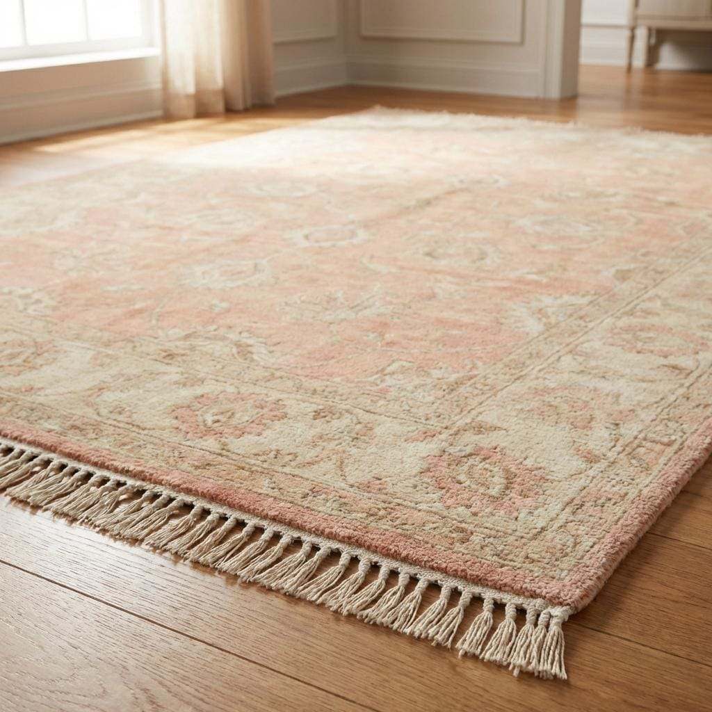 Hand Knotted Oushak Floral Rug Blush Peach Wool Area Rug Traditional Persian Style Living Room Bedroom Decor Soft Neutral Handmade Carpet