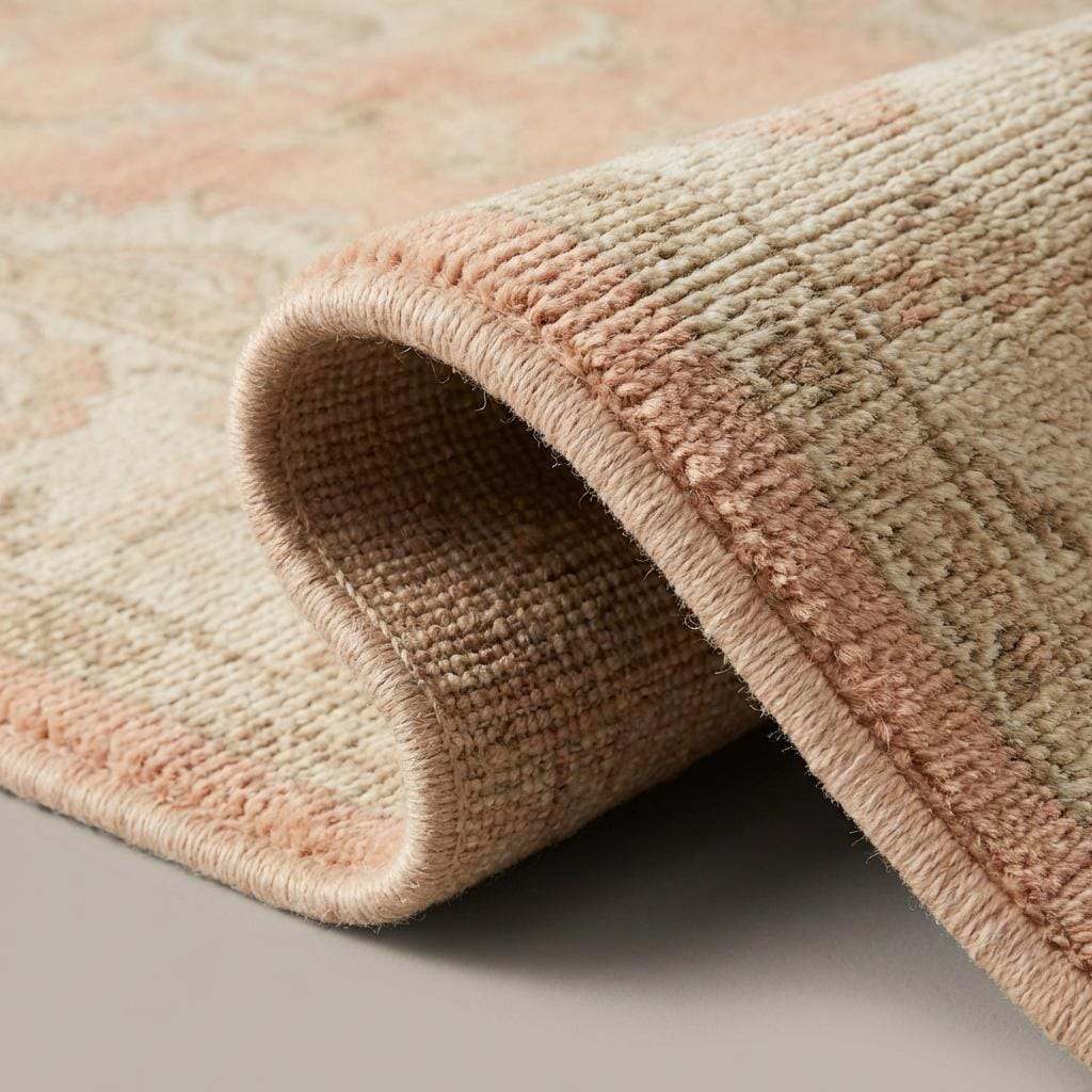 Close-up of dense hand-knotted wool pile showing soft peach fibers, individual knot texture, and natural artisanal weave detail.