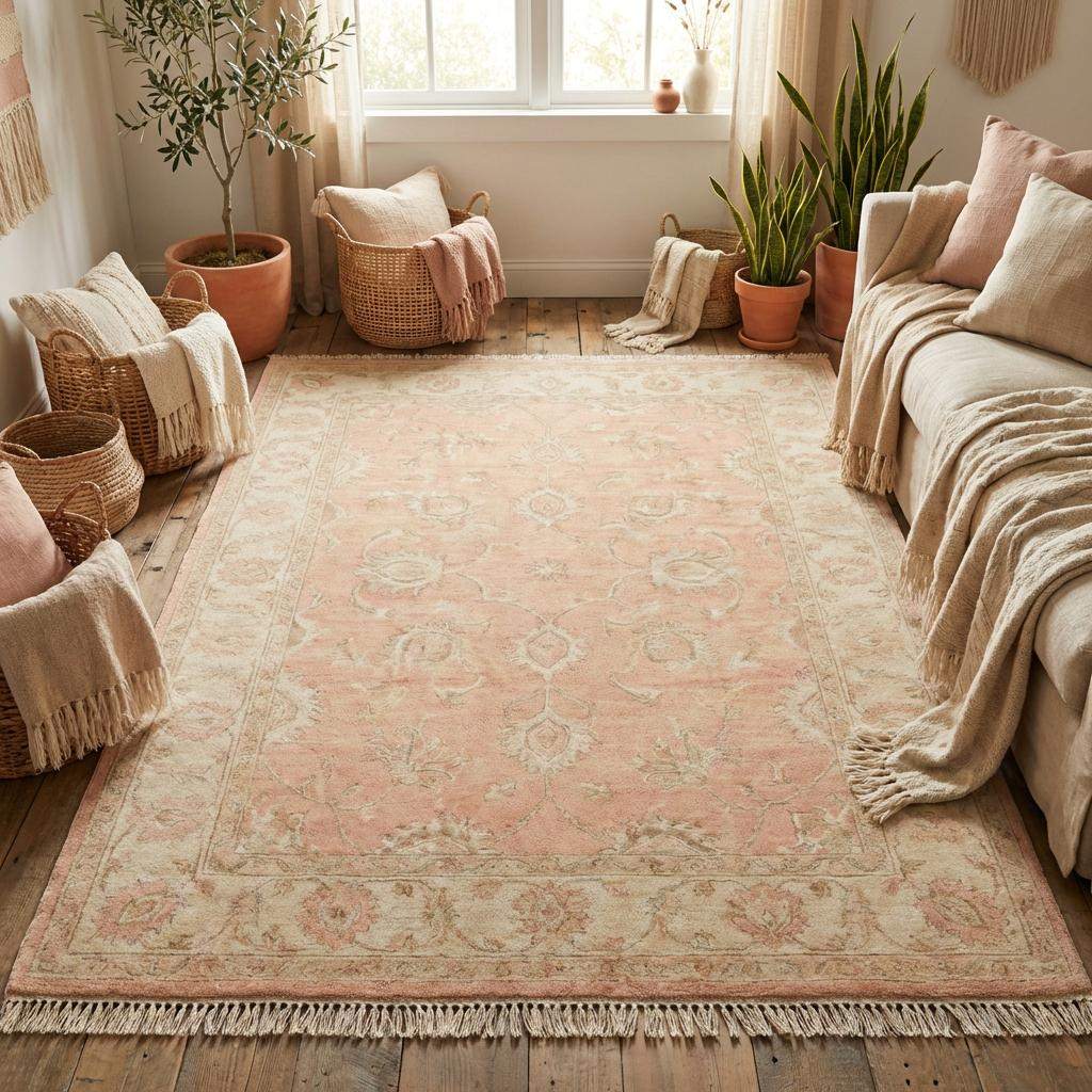 Soft neutral blush wool area rug styled in cozy bedroom or living space with minimal Scandinavian décor influence.